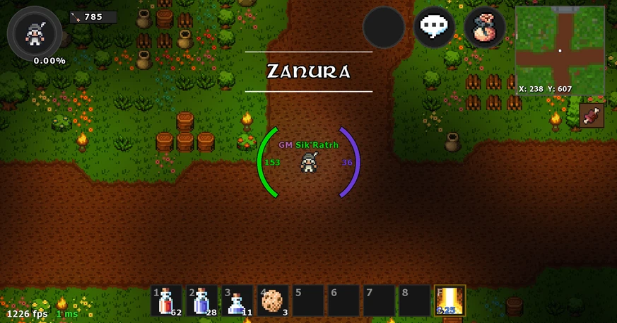 A player on the dirt road of Zanura, surrounded by flowers and trees